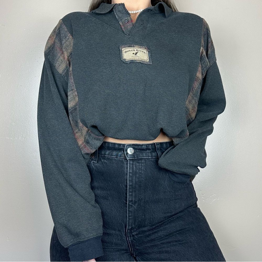 Reworked North River Flannel Sweater Western Gray Cozy Relaxed Sweater Shirt